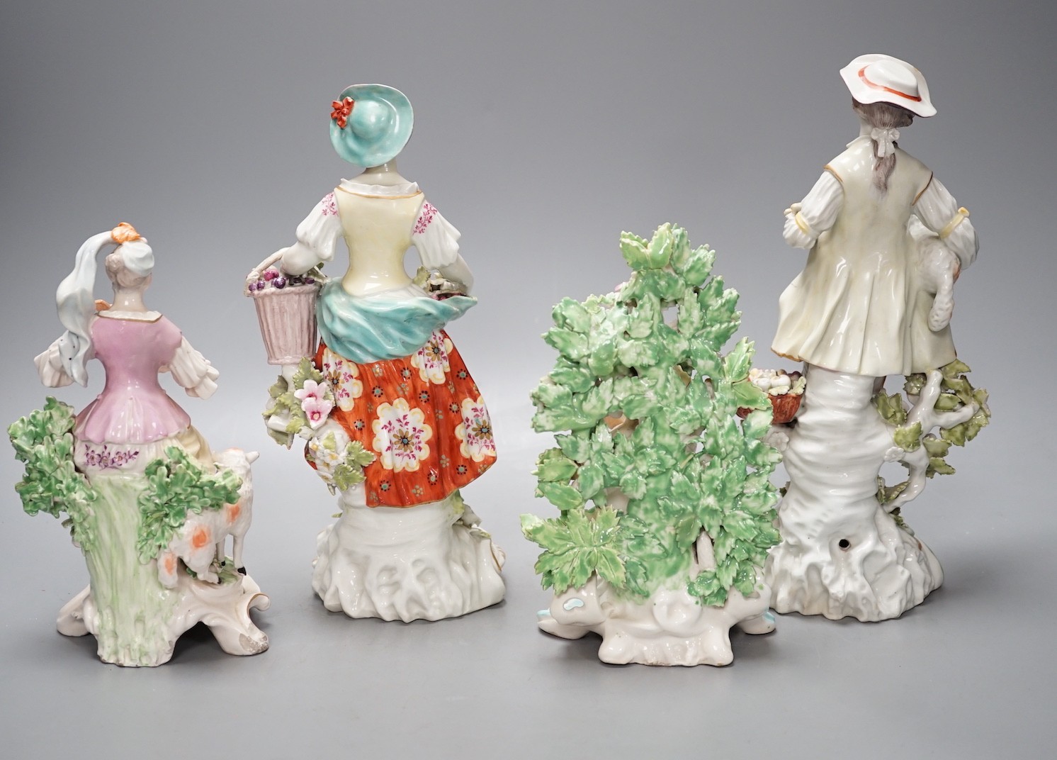 Four late 18th century Derby figures of a shepherd, a flower seller and two lute players - tallest 26cm